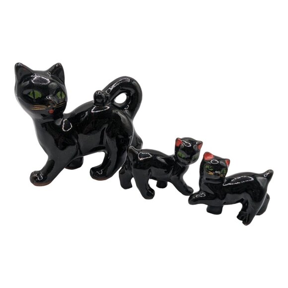 unknown Other - Vintage Ceramic Black Cats Mama with Two Kittens Kitschy Figurines MCM Redware
